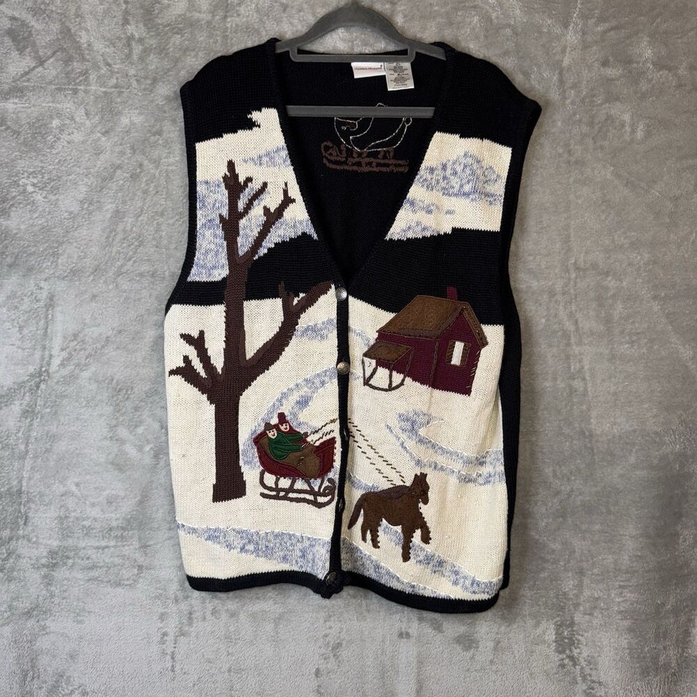 Vintage Bobbie Brooks Knit Sweater Vest Sz XL Winter Horse Sleigh Button Holiday